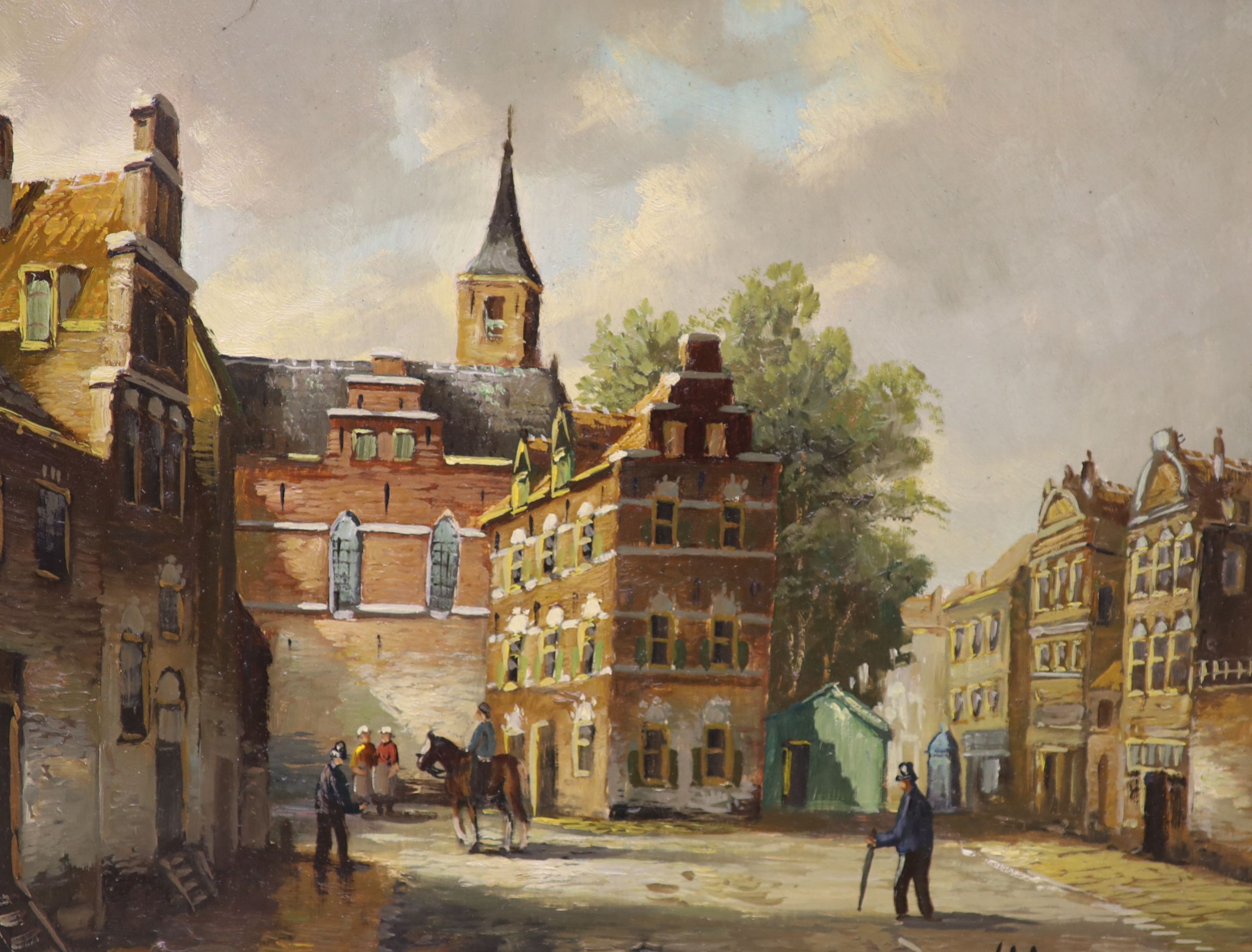 20th century Dutch School, oil on panel, Street scene with figures, signed, 23 x 29cm.